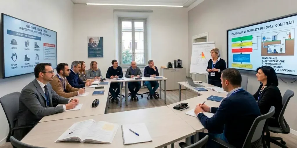 Aula didattica con docente e professionisti durante un corso di formazione sulla sicurezza sul lavoro e protocolli di prevenzione