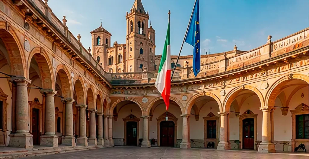 Porticato istituzionale con bandiera italiana ed europea - Consulenza e progettazione per enti pubblici Studio Patrizia Grassini