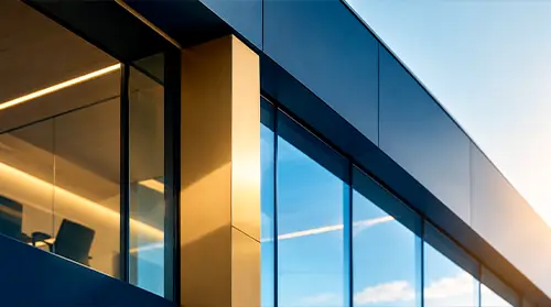 Dettaglio di architettura aziendale moderna con finiture blu e oro, rappresentativo dello Studio Patrizia Grassini